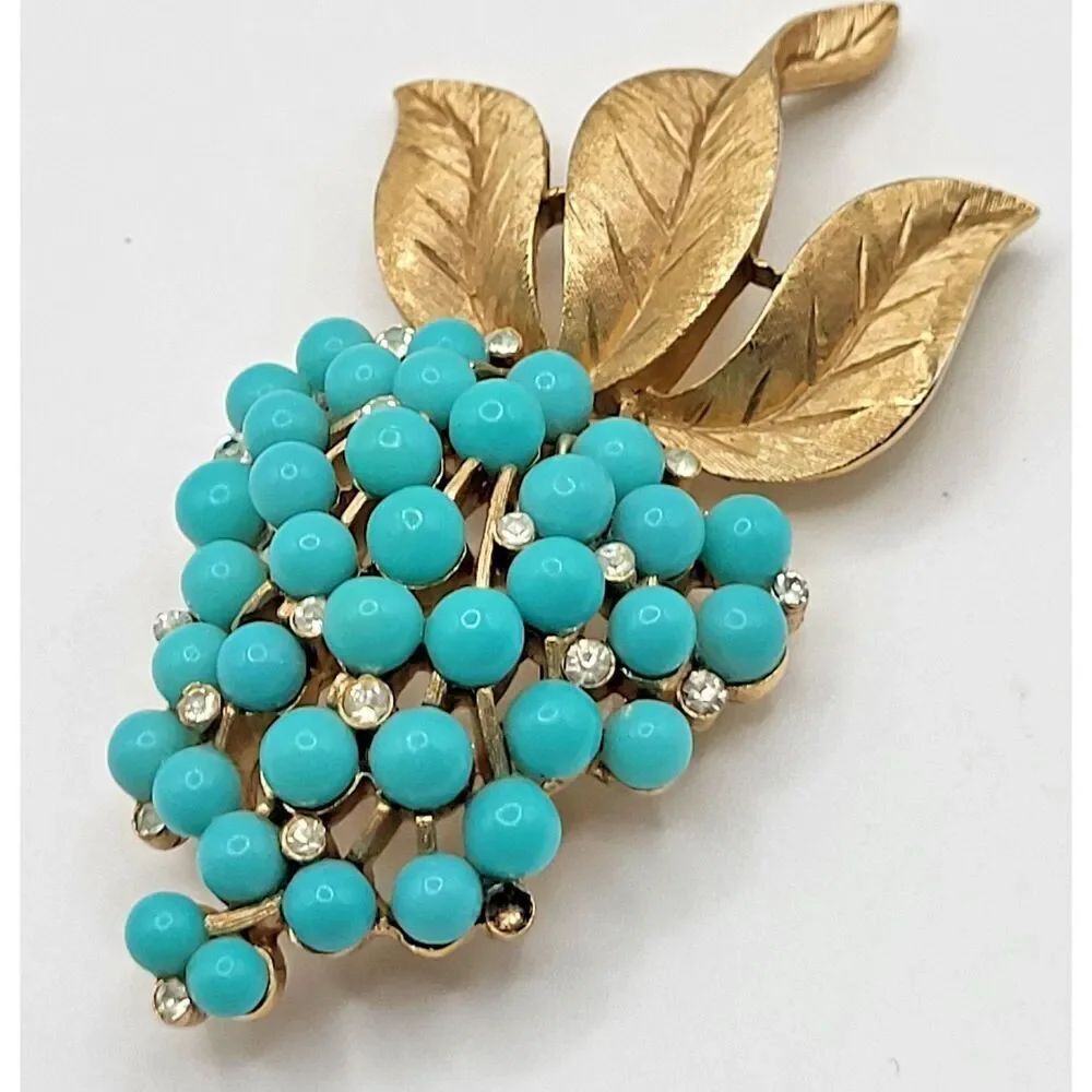 Trifari Mid-Century Gold Tone Faux Turquoise Rhinestone Grape Cluster Brooch Pin